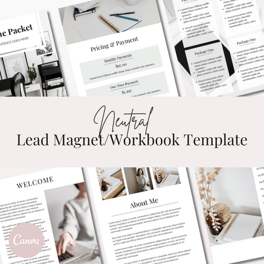 The neutral lead magnet and workbook templates are professionally designed in Canva and can be easily customized using a free Canva account. This done-for-you client-experience template bundle includes 22 fully customizable template pages in an approachable neutral style that’s inviting and inspiring. Use this template bundle to create a lead magnet, client welcome packet, on-boarding packet, off-boarding packet, and more client experience content you need to work successfully with your clients. 