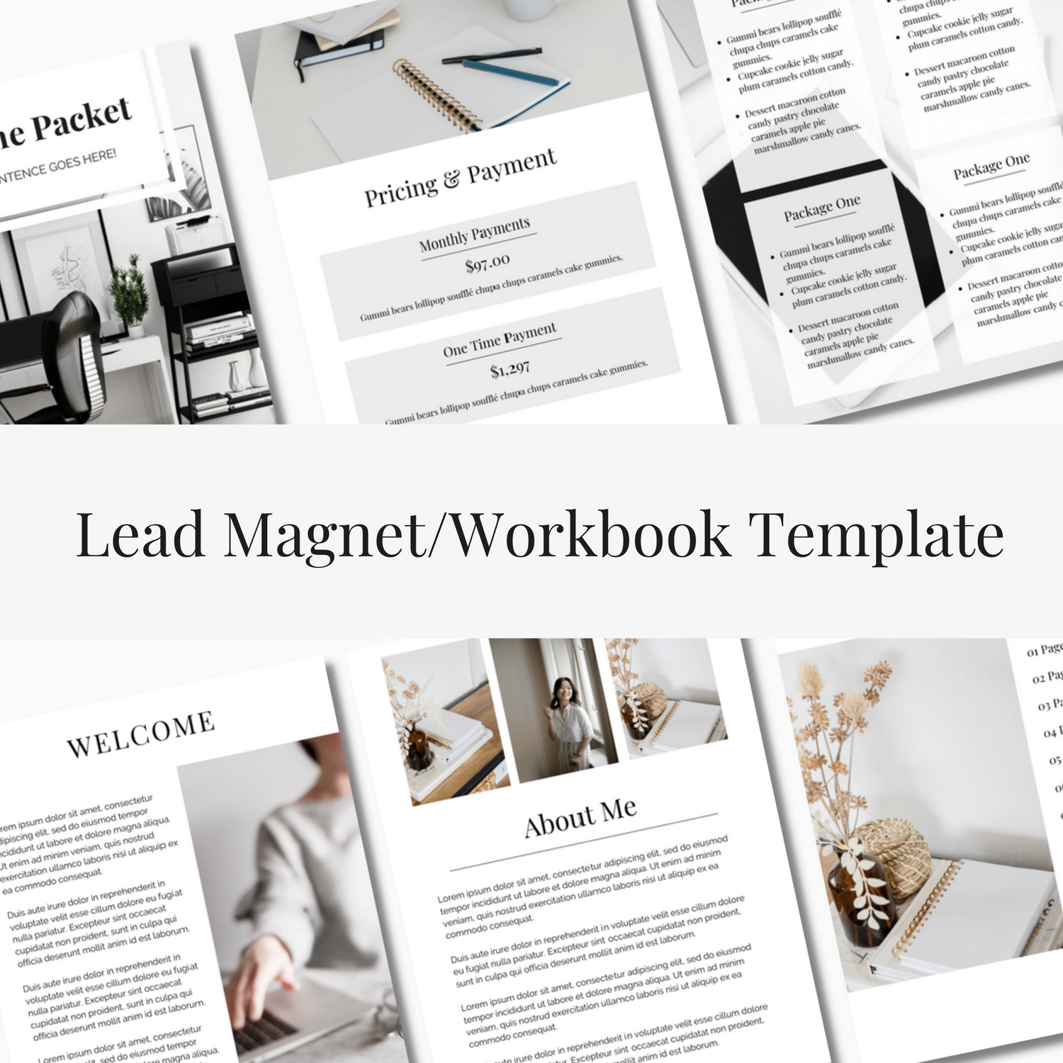 Neutral lead magnet and workbook templates professionally designed in Canva and easily customizable using a free Canva account. Easily market your services with a done-for-you template bundle that provides all the relevant information your potential and existing clients need to work with you successfully. The neutral lead magnet template is perfect for sharing important information with your audience so you can market your services and boost conversions. 