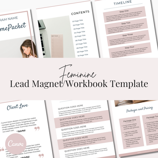 The feminine lead magnet and work book templates are professionally designed in Canva and easily customizable using a free Canva account. The done-for-you templates are perfect for busy small business owners who want to effectively and efficiently share important information about their services. The template package includes every section you need to thoroughly explain how to successfully work with you and benefit from your services.