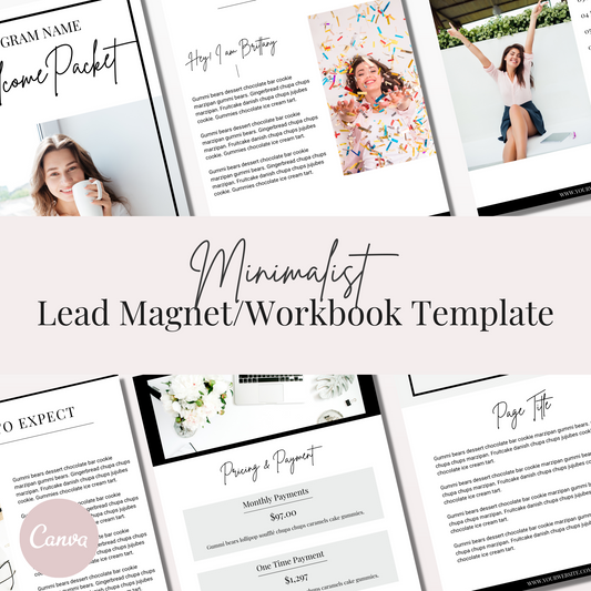 The minimalist lead magnet/workbook template is professionally designed in Canva and can be easily customized using a free Canva account. This done-for-you template bundle includes all the sections and pieces you need to create a lead magnet, workbook, client welcome packet, on-boarding packet, and off-boarding packet. Perfect for busy small business owners who want to easily and affordably attract their ideal clients. 