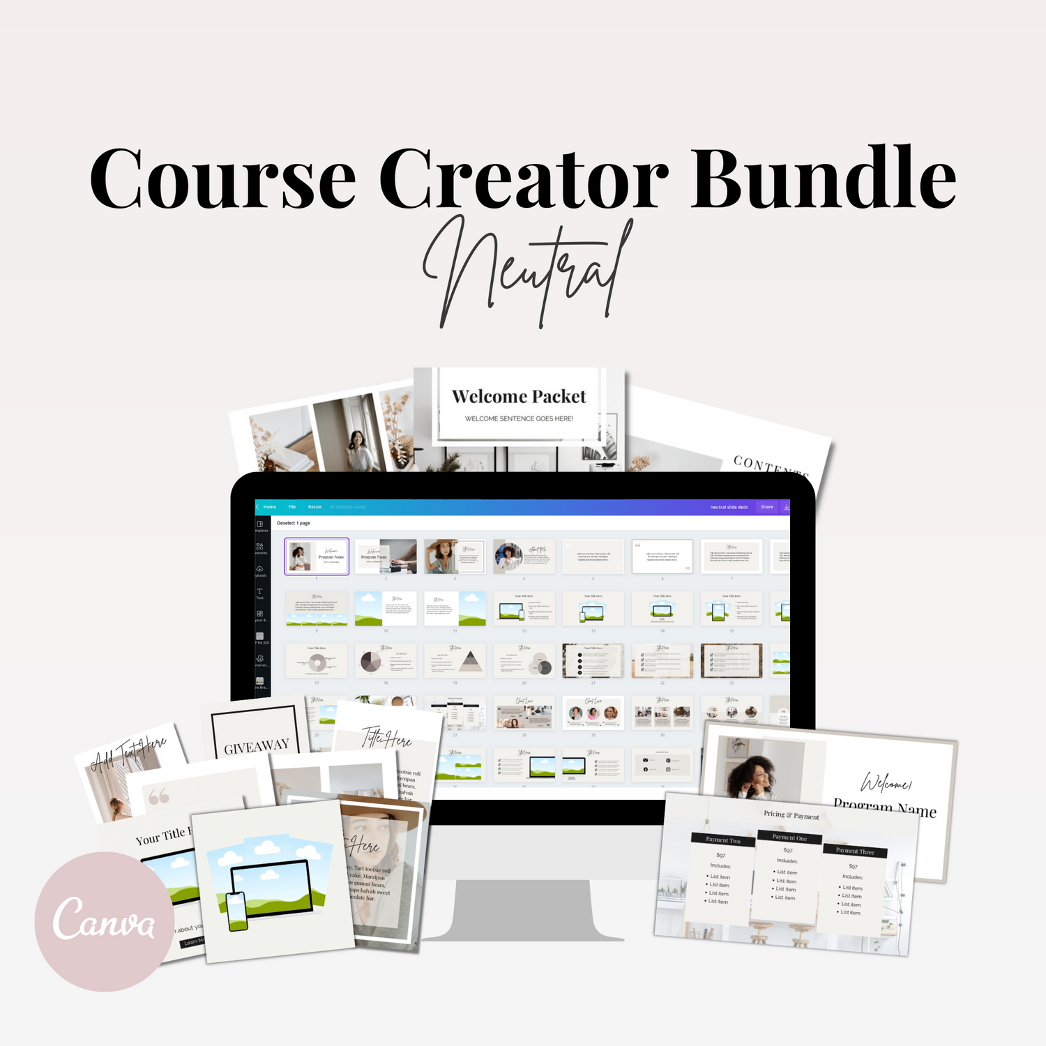 Neutral Canva template bundle for course creators. Customize for free in Canva. Package includes social media templates, lead magnet, workbook templates, and slide deck templates in a dreamy neutral aesthetic that will stop the scroll and convert clicks into clients. The Neutral Canva template package is completely done-for-you and perfect for busy entrepreneurs and service providers. 