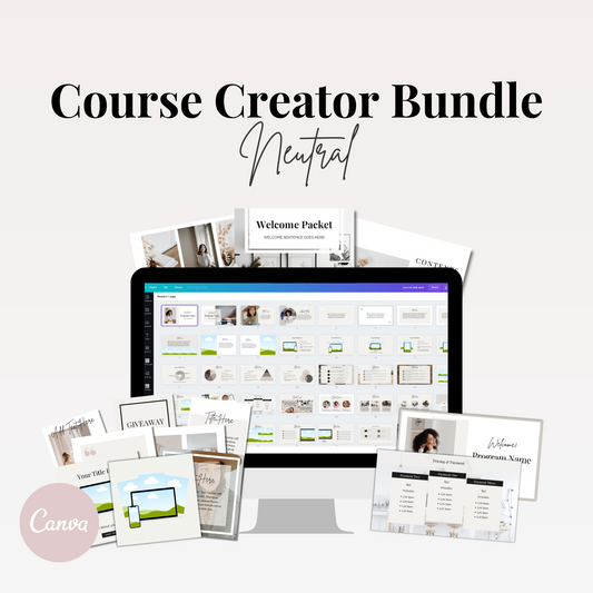Neutral Canva template bundle for course creators. Customize for free in Canva. Package includes social media templates, lead magnet, workbook templates, and slide deck templates in a dreamy neutral aesthetic that will stop the scroll and convert clicks into clients. The Neutral Canva template package is completely done-for-you and perfect for busy entrepreneurs and service providers. 