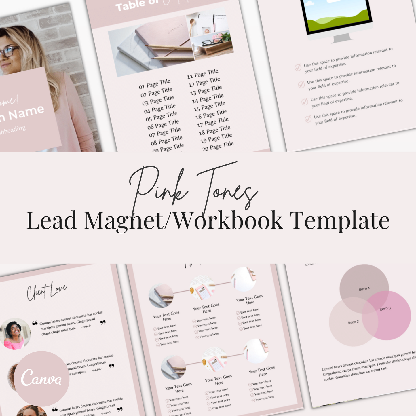 The pink tones lead magnet and workbook templates are professionally designed in Canva and can be easily customized using a free Canva account. This done-for-you pink tones template bundle is perfect for creating a lead magnet, ebook, workbook, client welcome packet, onboarding packet, offboarding packet, and other client experience materials. Give your clients all the information they need to work with you successfully with a fully customizable template bundle in a gorgeous pink tones aesthetic. 
