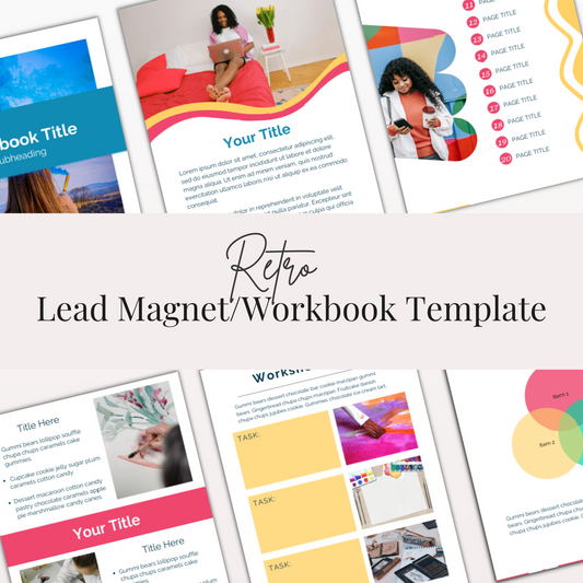 The retro lead magnet and workbook template bundle is professionally designed in Canva and can be easily customized using a free Canva account. This done-for-you retro ebook template package is perfect for coaches, therapists, service providers, and entrepreneurs to create a lead magnet, ebook, workbook, client welcome packet, and other client-experience materials. Get instant access to 30 unique template pages in a unique retro style that stands out online. 